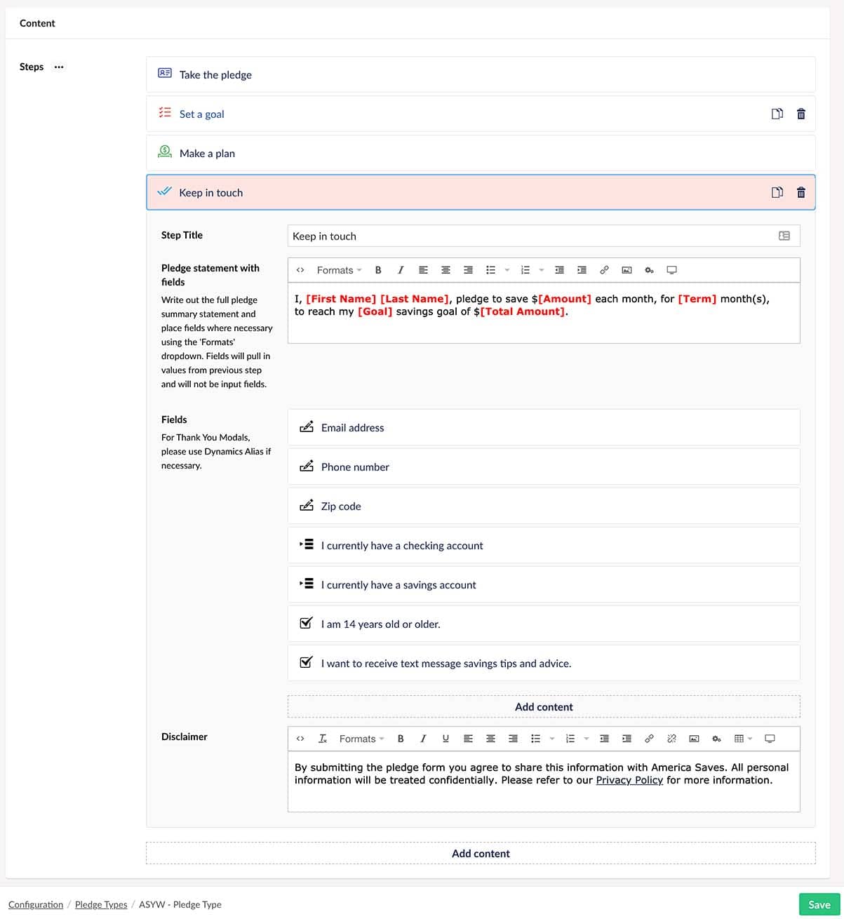 America Saves Umbraco Pledge Types